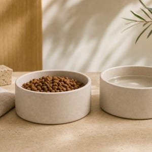 Stoneware ceramic pet food and water bowls in speckled oatmeal on a warm stone surface - a modern cat bowl and dog bowl in a neutral interior
