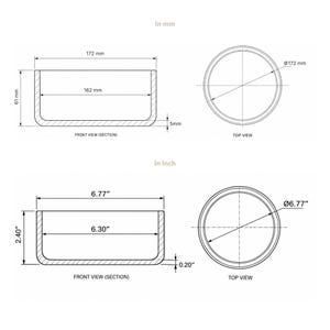Size guide for the MOTO stoneware ceramic dog and cat bowl: 172 mm / 6.8 in outer diameter, 61 mm / 2.4 in deep, approximately 900 ml capacity