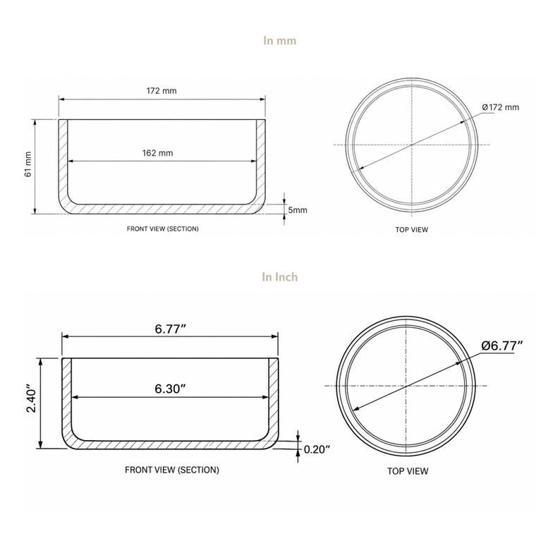 Size guide for the MOTO stoneware ceramic dog and cat bowl: 172 mm / 6.8 in outer diameter, 61 mm / 2.4 in deep, approximately 900 ml capacity