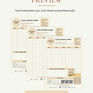 May include: A digital work summary template featuring three stacked document layouts in beige and brown. The text reads WORK SUMMARY PREVIEW, Track and present your work clearly and professionally, and 1 PAGE AND 2 PAGES INCLUDED.