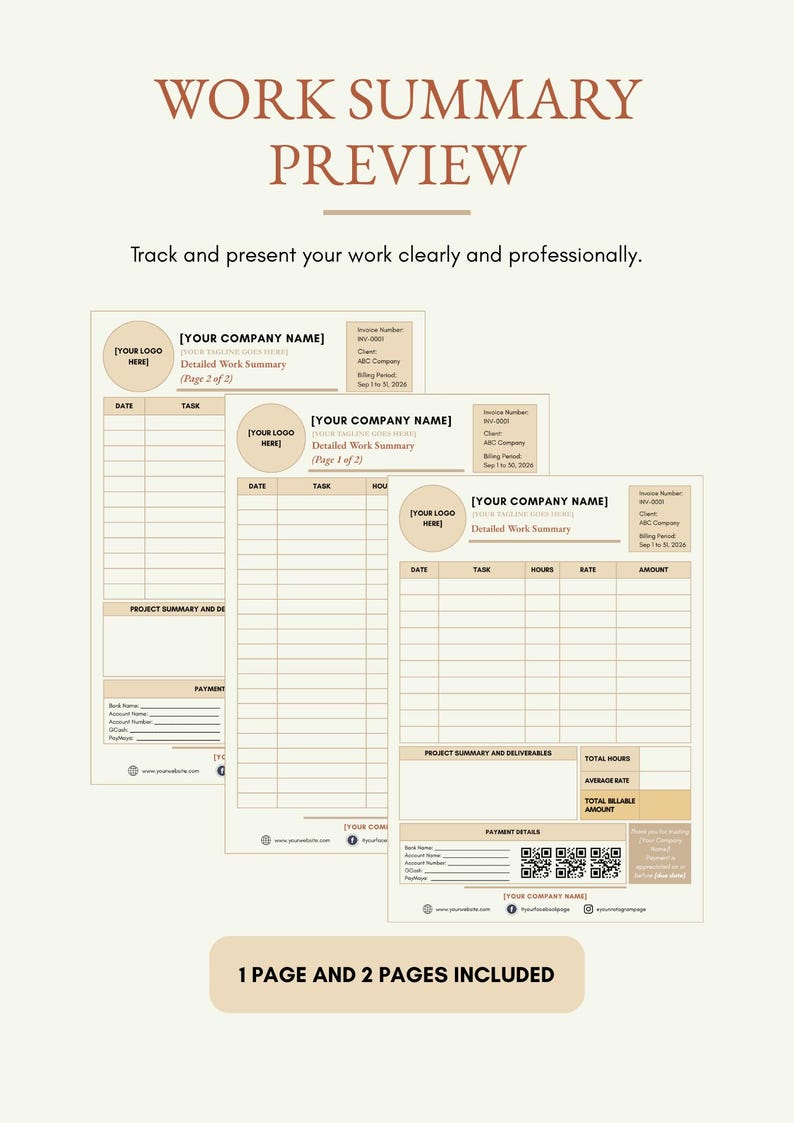 May include: A digital work summary template featuring three stacked document layouts in beige and brown. The text reads WORK SUMMARY PREVIEW, Track and present your work clearly and professionally, and 1 PAGE AND 2 PAGES INCLUDED.