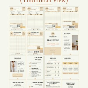 May include: A digital document template set titled WHAT'S INCLUDED (Thumbnail View) featuring multiple pages for business administration, including invoices, a price guide, welcome page, about me, services, packages, add-ons, and FAQs.