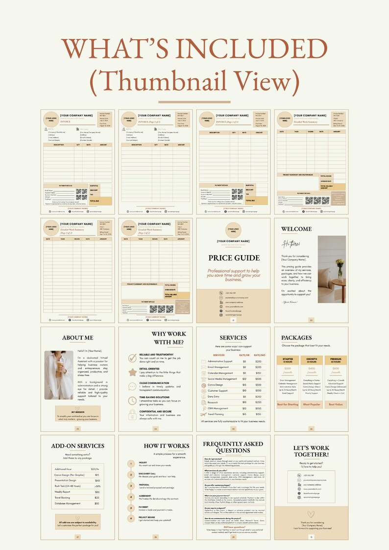 May include: A digital document template set titled WHAT'S INCLUDED (Thumbnail View) featuring multiple pages for business administration, including invoices, a price guide, welcome page, about me, services, packages, add-ons, and FAQs.