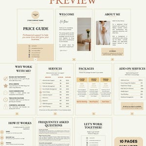 May include: A digital pricing guide template featuring ten pages with a neutral color palette. The layout includes sections for services, packages, add-on services, frequently asked questions, and contact information, all presented in a clean, professional document format.