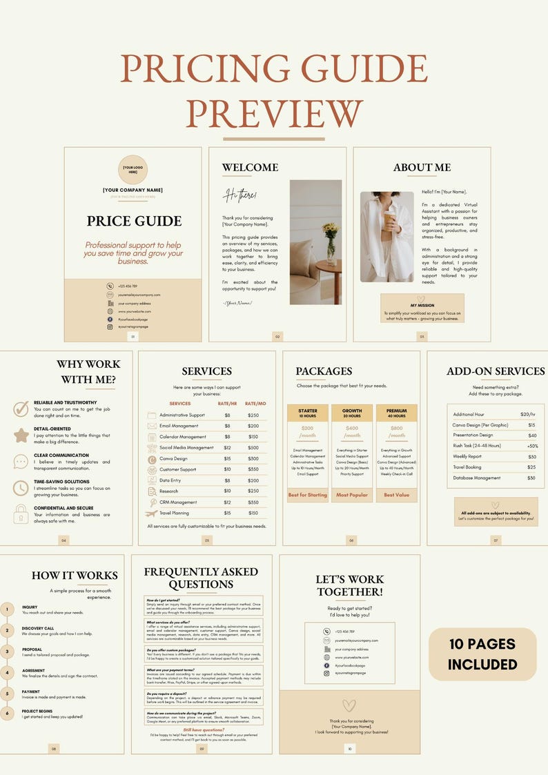May include: A digital pricing guide template featuring ten pages with a neutral color palette. The layout includes sections for services, packages, add-on services, frequently asked questions, and contact information, all presented in a clean, professional document format.