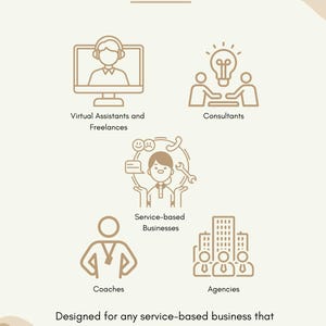 May include: A beige infographic featuring the text PERFECT FOR at the top and Designed for any service-based business that values professionalism and organization at the bottom. It displays five icons representing Virtual Assistants and Freelances, Consultants, Service-based Businesses, Coaches, and Agencies in a brown line art style.
