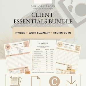 May include: A digital client essentials bundle template set by Millora Pages featuring an invoice, services list, and work summary. The documents are beige and white with black text, designed for A4 format and editable in Canva for business use.
