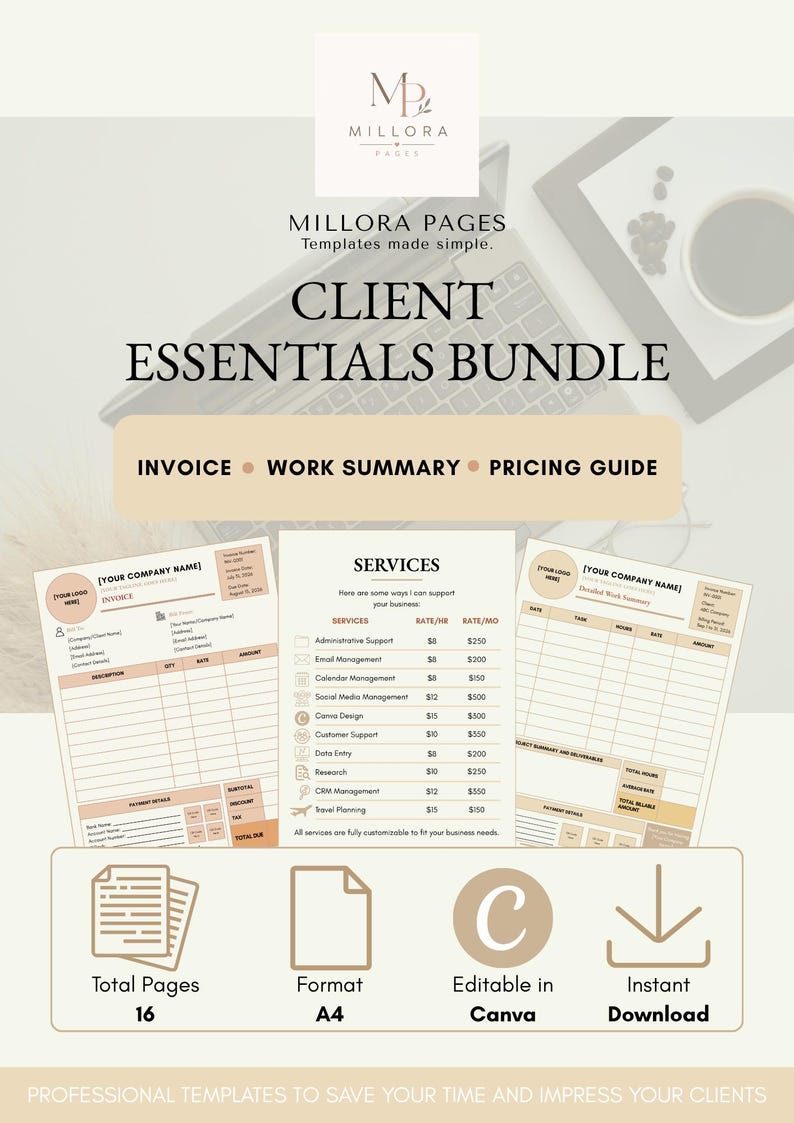 May include: A digital client essentials bundle template set by Millora Pages featuring an invoice, services list, and work summary. The documents are beige and white with black text, designed for A4 format and editable in Canva for business use.