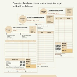 May include: A digital invoice template set featuring three distinct layouts with placeholders for company name, logo, contact details, itemized billing tables, payment information, and QR codes. The documents include text labels for subtotal, discount, tax, and total due.