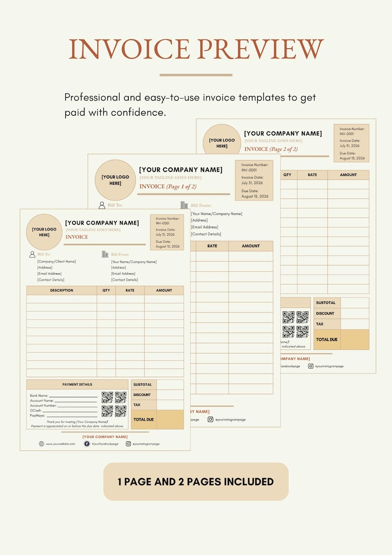 May include: A digital invoice template set featuring three distinct layouts with placeholders for company name, logo, contact details, itemized billing tables, payment information, and QR codes. The documents include text labels for subtotal, discount, tax, and total due.