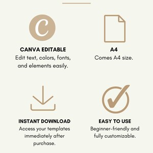 May include: An infographic titled FEATURES with four sections: CANVA EDITABLE with a C icon, A4 size with a document icon, INSTANT DOWNLOAD with a download icon, and EASY TO USE with a checkmark icon. The bottom displays the logo MILLORA PAGES.