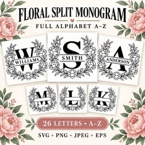 Op de afbeelding: Een digitale grafische set met een bloemrijk gespleten monogramontwerp met de tekst "FLORAL SPLIT MONOGRAM", "FULL ALPHABET A-Z", "WILLIAMS", "SMITH", "ANDERSON" en "26 LETTERS A-Z". De zwart-witte ontwerpen bevatten letters omringd door bloemenkransen.
