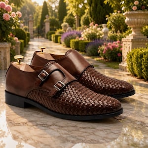 Pode incluir: Um par de sapatos de couro castanho com fivela dupla, apresentando uma textura entrançada nos painéis frontais e laterais, detalhes em couro liso e duas fivelas de metal prateado em cada sapato, com formas de madeira inseridas no calçado.
