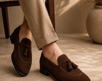Men's Brown Suede Tassel Loafers, Classic Slip On Dress Shoes, Luxury Formal Footwear, Elegant Business Shoes, Penny Loafers for Men