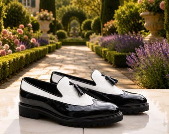 Men's Black White Leather Tassel Loafers, Two-Tone Formal Dress Shoes