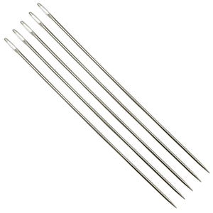 May include: A set of five long, slender, silver-colored metal sewing needles arranged in a parallel diagonal line. Each needle features a sharp, pointed tip at one end and an elongated, oval-shaped eye at the opposite end for threading.