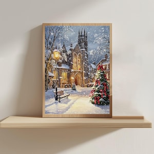 May include: A diamond painting kit featuring a snowy winter scene with a stone church, a glowing street lamp, a wooden bench, and a decorated Christmas tree with red ribbons. The image has a visible grid pattern characteristic of diamond art.