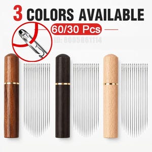 May include: Three cylindrical wooden needle cases in light, medium, and dark brown tones, each paired with a set of silver metal sewing needles. Text at the top reads 3 COLORS AVAILABLE and 60/30 Pcs, with a circular inset showing a needle eye.