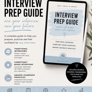 Può includere: Una guida digitale alla preparazione dei colloqui con il testo Grit, Graft & Grace, Confidence, Clarity, Career Growth. La guida include sezioni sui colloqui tradizionali, colloqui basati sulle competenze e sui principi di leadership di Amazon.