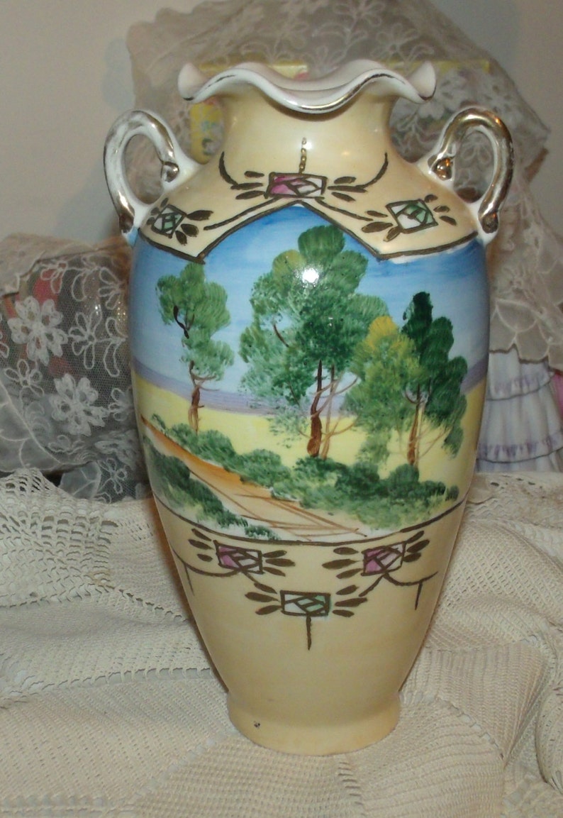 Nippon Royal Nishiki hand painted 10 inch double handle vase Etsy