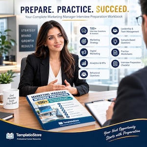 Könnte beinhalten: Ein Arbeitsbuch zur Vorbereitung auf Marketing-Manager-Vorstellungsgespräche mit weißem Einband, blauem Text und Grafiken. Der Einband zeigt den Titel, 100+ Fragen und das TemplatioStore-Logo in einer professionellen Büroumgebung.