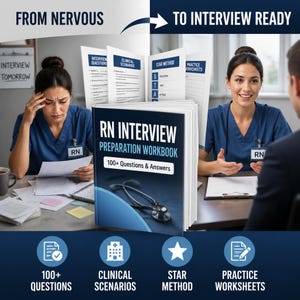 May include: A workbook titled RN Interview Preparation Workbook with 100+ Questions & Answers, featuring a stethoscope graphic on the cover. The workbook is displayed alongside icons for 100+ questions, clinical scenarios, the STAR method, and practice worksheets.