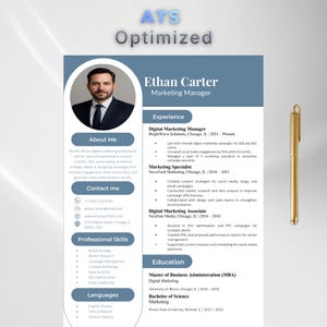 May include: A professional resume template featuring a blue and white layout with a circular headshot of a man in a suit, sections for experience, education, and skills, and a gold pen positioned to the right of the document on a light background.