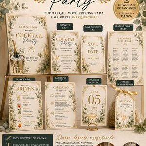 Pode incluir: Um kit de papelaria digital para festa de coquetel com placa de boas-vindas, convite, save the date, mapa de mesas, menu de bebidas, menu de comida, número de mesa e tag de lembrancinha com texto dourado e folhas de eucalipto.