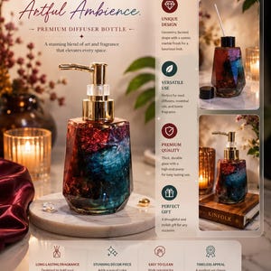 May include: A glass diffuser bottle with a geometric faceted shape and a multi-colored marble finish in shades of red, blue, and black. It features a gold-toned pump dispenser and is presented with text including Elegant Aroma and Artful Ambience.