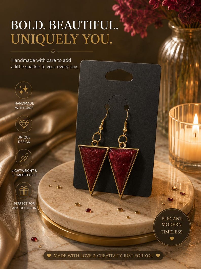 May include: A pair of gold-toned triangle earrings featuring a deep red, glittery resin inlay. The earrings are suspended from gold-toned metal hooks and are displayed on a black rectangular card. The design is geometric and minimalist in shape.