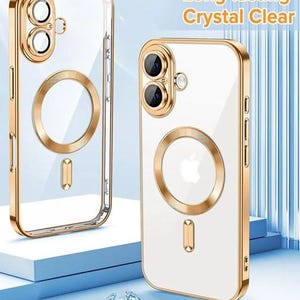 May include: Two clear phone cases with metallic gold frames and integrated circular magnetic charging rings. The cases feature gold camera lens surrounds and a small vertical gold accent. The text Long-lasting Crystal Clear is visible.