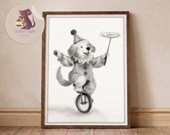 Whimsical Circus Dog Unicycle Art Print, Children's Nursery Wall Art (A3-A0)
