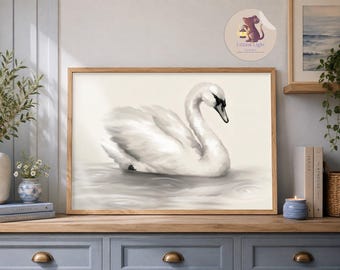 Swan Art Print, River Wildlife Illustration, Nature Wall Decor A3-A0