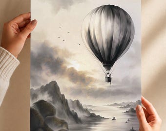 Hot Air Balloon Art Print, Coastal Landscape Illustration, 8 x 10 inch Wall Decor
