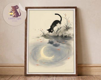 Whimsical Cat by Moonlit Lake Art Print, Minimalist Illustration (A3-A0)