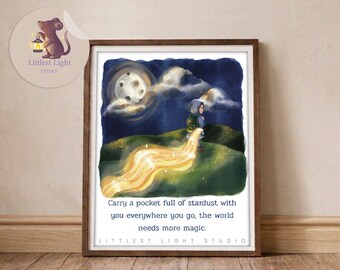 Whimsical Girl Watercolour Art Print, Nursery Stardust Wall Decor, 8x10 Inch (Original Quote)