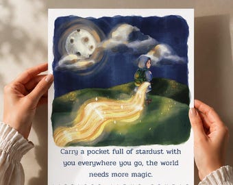 Whimsical Girl Watercolour Art Print, Nursery Stardust Wall Decor, 8x10 Inch (Original Quote)