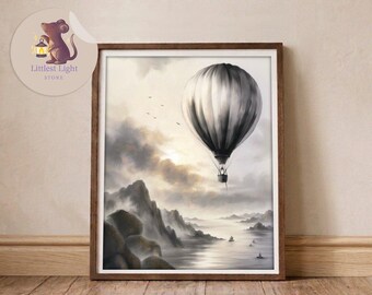 Hot Air Balloon Art Print, Coastal Landscape Illustration, 8 x 10 inch Wall Decor