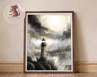 Lighthouse Art Print, Coastal Landscape Illustration, 8 x 10 inch Wall Decor