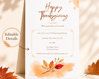 Einladung zum Friendsgiving-Fest | Bearbeitbare Canva-Einladung zum Thanksgiving-Dinner | Sofort-Download