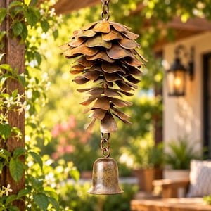 May include: A hanging outdoor ornament shaped like a pinecone, constructed from layered, weathered copper-toned metal petals. A small, matching metallic bell is suspended from the bottom of the pinecone by a short metal chain link.