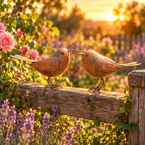 May include: Two copper-colored metal bird sculptures with rounded bodies, thin pointed beaks, and slender wire legs. The birds are positioned facing each other, featuring a weathered, rustic finish that highlights their smooth, curved metallic surfaces.