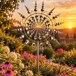 May include: A kinetic garden spinner made of polished silver-colored metal, featuring a central circular frame with radiating spokes adorned with multiple reflective spherical orbs of varying sizes that create a sunburst pattern on a metal pole.