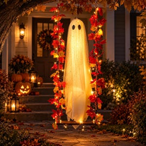 May include: A glowing white ghost decoration made of sheer fabric with two dark oval eyes, suspended on a wooden swing. The swing ropes are wrapped in vibrant orange and red autumn maple leaves intertwined with warm white string lights.