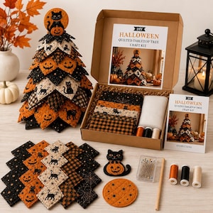 Kit de bricolaje para árbol de Halloween de tela acolchada, decoración navideña de mesa hecha a mano, manualidad de costura reutilizable para repisa de chimenea, mesa u oficina.