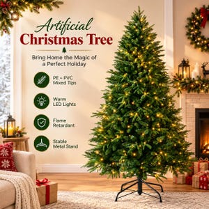 Könnte beinhalten: Ein künstlicher Weihnachtsbaum mit grünen Nadeln und warmen LED-Lichtern, der auf einem schwarzen Metallständer steht. Der Text auf dem Bild lautet: Artificial Christmas Tree, Bring Home the Magic of a Perfect Holiday, PE + PVC Mixed Tips, Warm LED Lights, Flame Retardant, Stable Metal Stand.