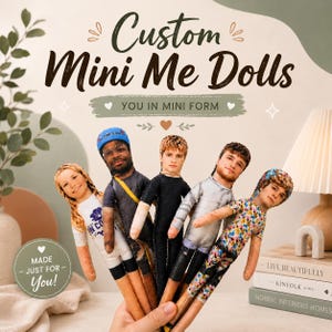 May include: Five custom fabric dolls featuring printed photographic faces and various outfits, including a white shirt, a dark grey shirt with a yellow strap, a black long-sleeve shirt, a grey shirt, and a colorful floral print shirt.