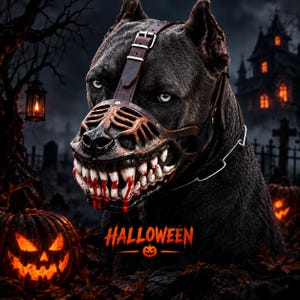 May include: A dark-furred dog wearing a brown leather muzzle with a skeletal design featuring sharp, blood-stained teeth. The word HALLOWEEN is printed in orange text below the dog, accompanied by a small jack-o'-lantern icon centered underneath.