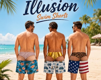 Custom Funny Illusion Swim Trunks, Personalized Novelty Swim Shorts, Optical Illusion Board Shorts, Gift for Husband Boyfriend, Gift for Men