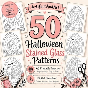 Könnte beinhalten: Eine Sammlung von 50 Halloween-Buntglasmustern mit schwarz-weißen Strichzeichnungen von Katzen, Eulen und gotischer Architektur. Der Text lautet ArtifactAndArt, 50 Halloween Stained Glass Patterns, A3 Printable Templates und Digital Download.